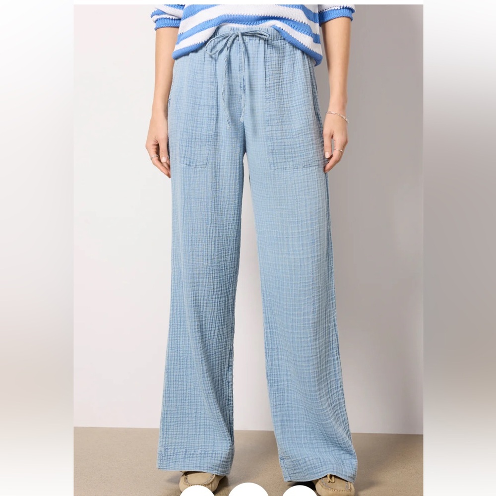 Faherty Light Blue Textured Wide-Leg Drawstring Pants